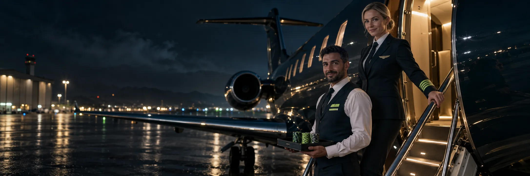 Capitaine et chef de cabine Betnjet au pied d'un jet privé, de nuit, avec un plateau de jetons